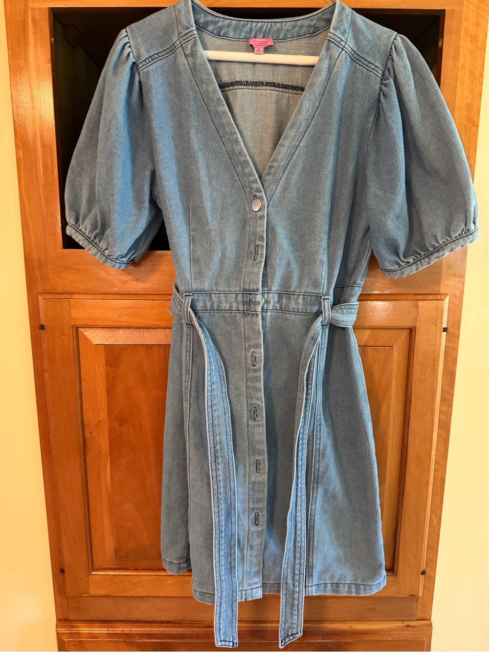 Denim Button-Front Dress with Waist Tie - Light Blue